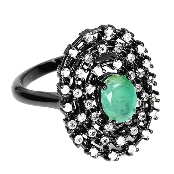 Natural Green Emerald 7x5mm White Topaz 925 Sterling Silver Ring Size 6.… - Picture 2 of 7